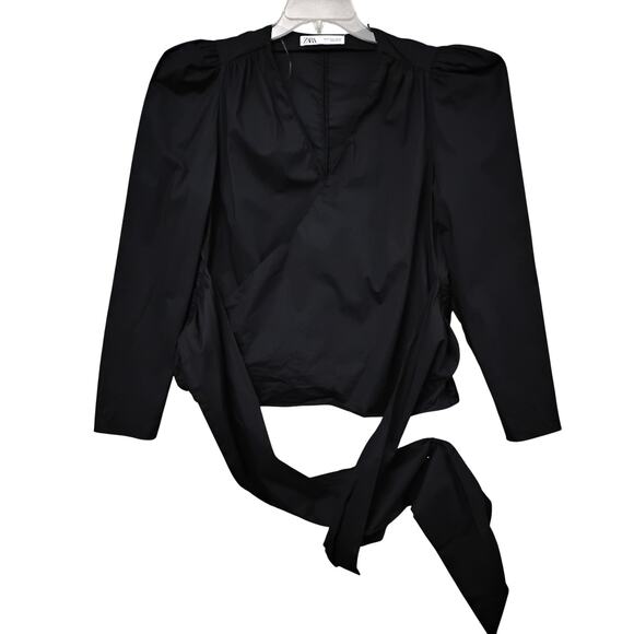 Zara Poplin Mock Wrap Blouse Size XL Black Long Puffy Sleeves Tie at the Waist - Picture 3 of 9